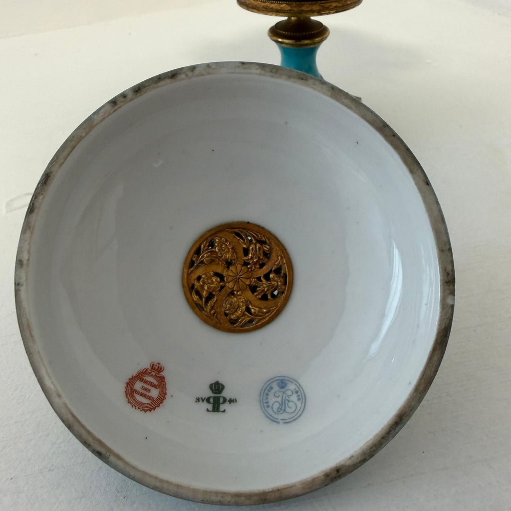Porcelain urn base interior with gilt medallion and maker stamps