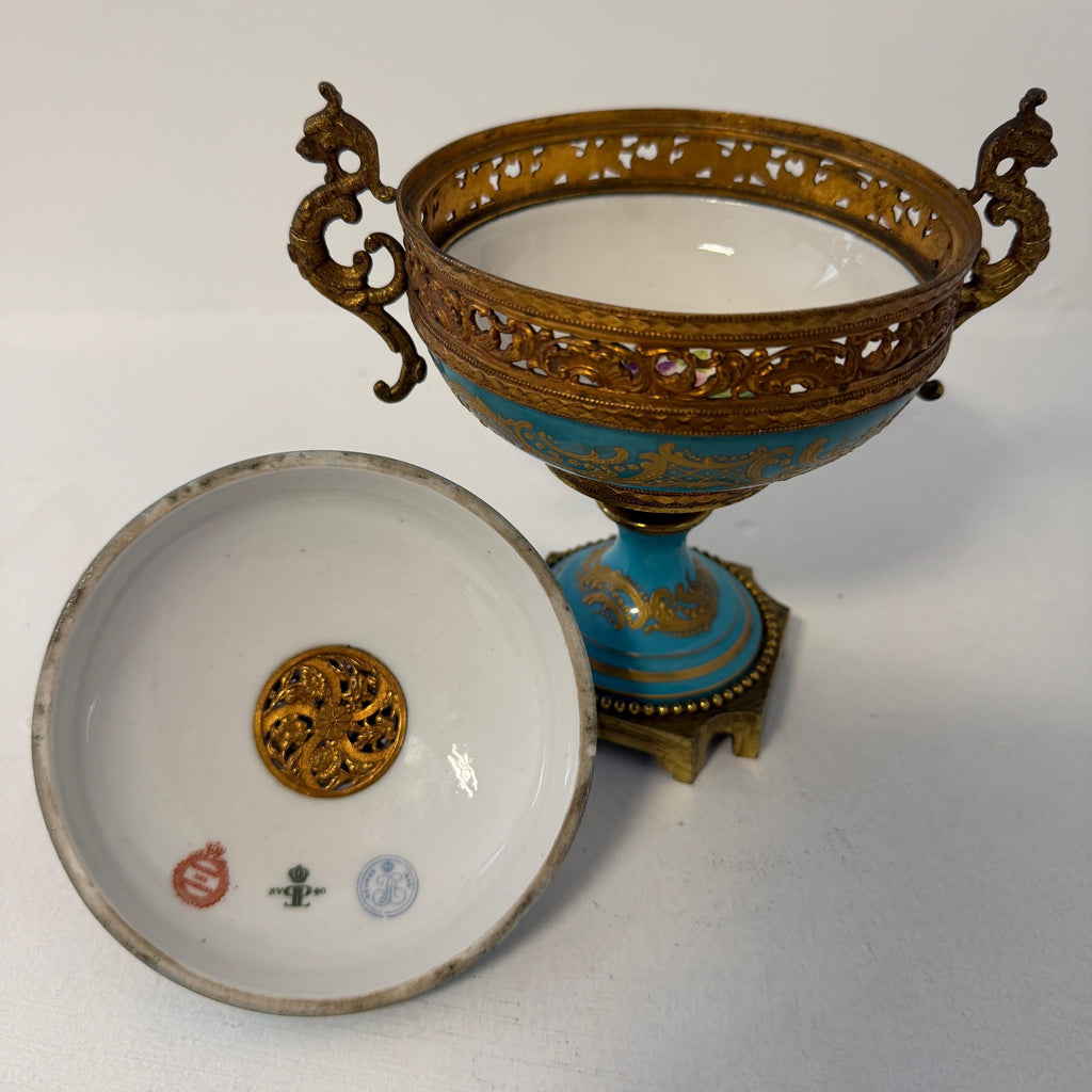 Blue porcelain urn bowl with gilt bronze mounts, showing open rim and lid underside