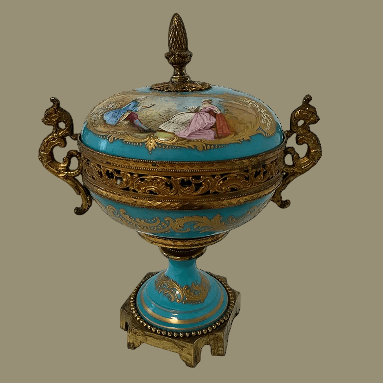 Blue porcelain urn with gilt bronze handles and painted figures on the lid
