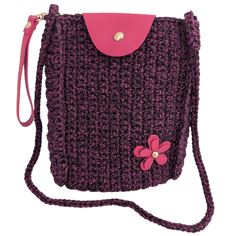 Crochet wristlet clutch with metallic purple and pink texture, flap, flower charm