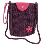 Crochet wristlet clutch with metallic purple and pink texture, flap, flower charm