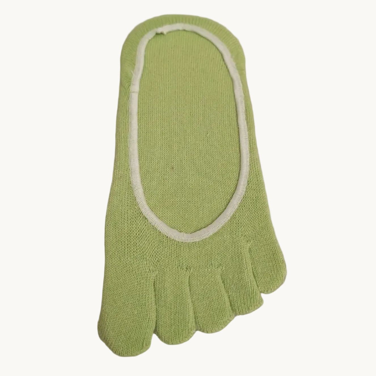 Lime green five-finger no-show toe socks with elastic cuff and separate toe sections