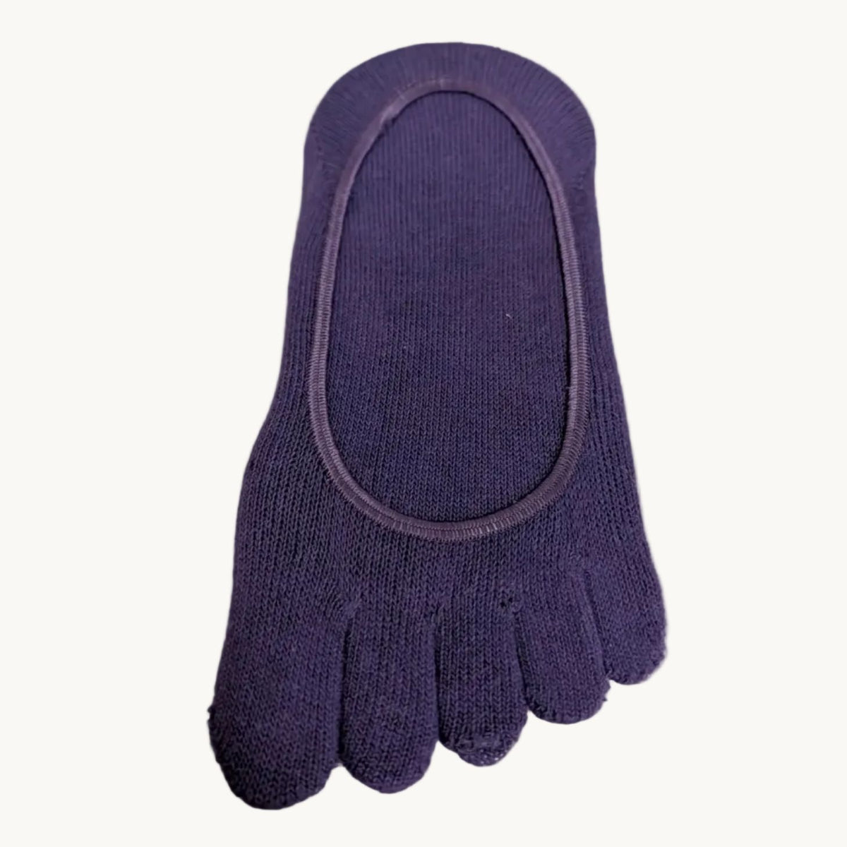 Purple five-finger no-show toe socks with elastic cuff and separate toe sections