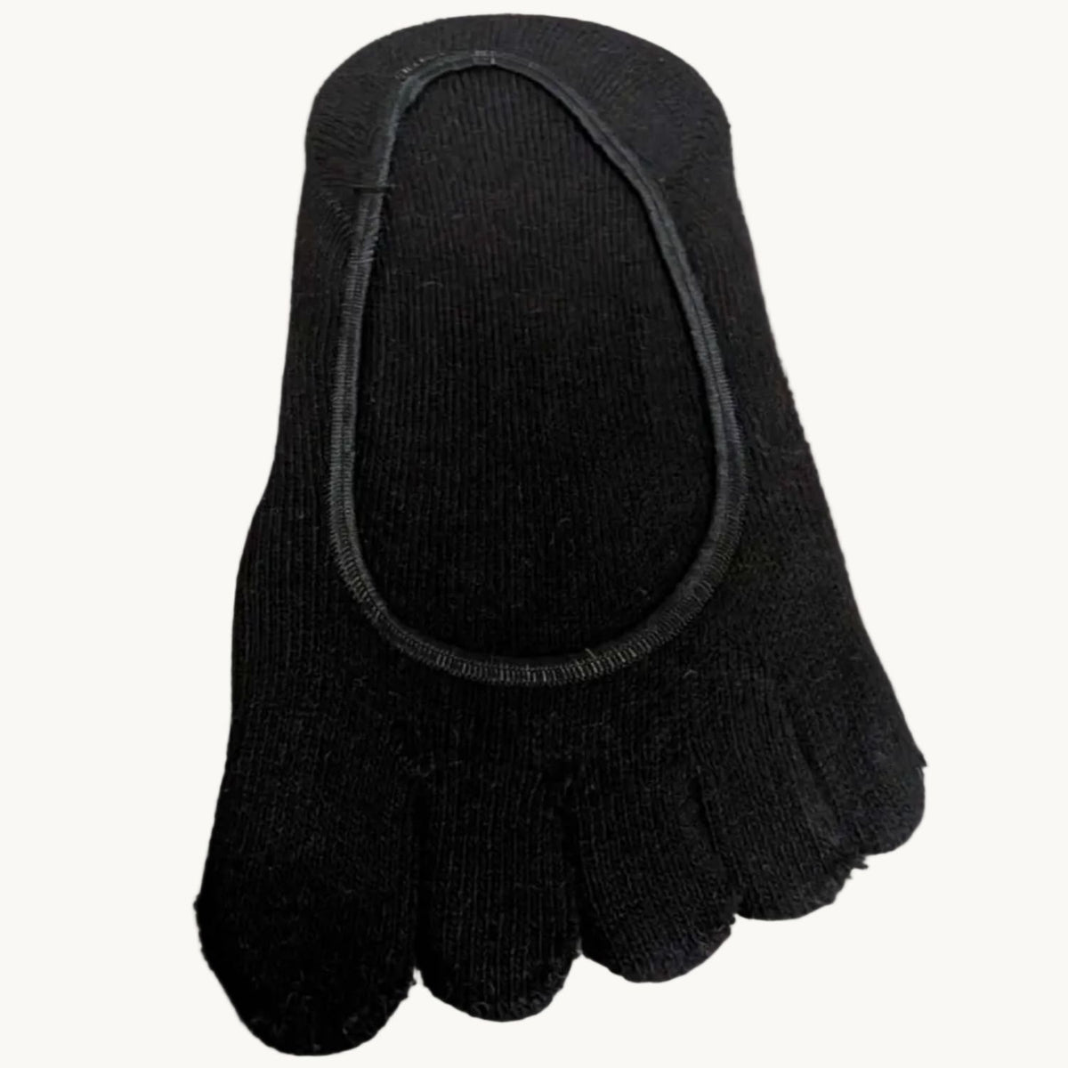 Black five-finger no-show toe socks with elastic cuff and separate toe sections