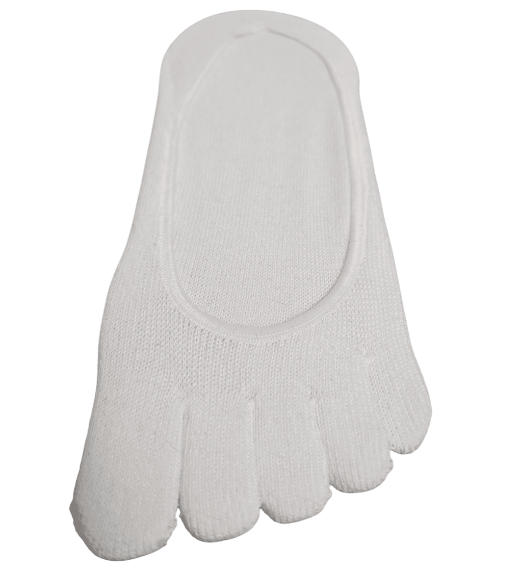 White five-finger no-show toe socks with elastic cuff and separate toe sections