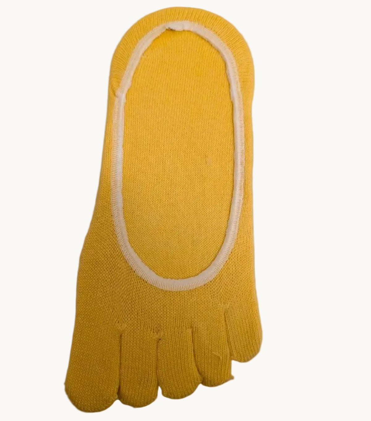 Yellow five-finger no-show toe socks with elastic cuff and separate toe sections