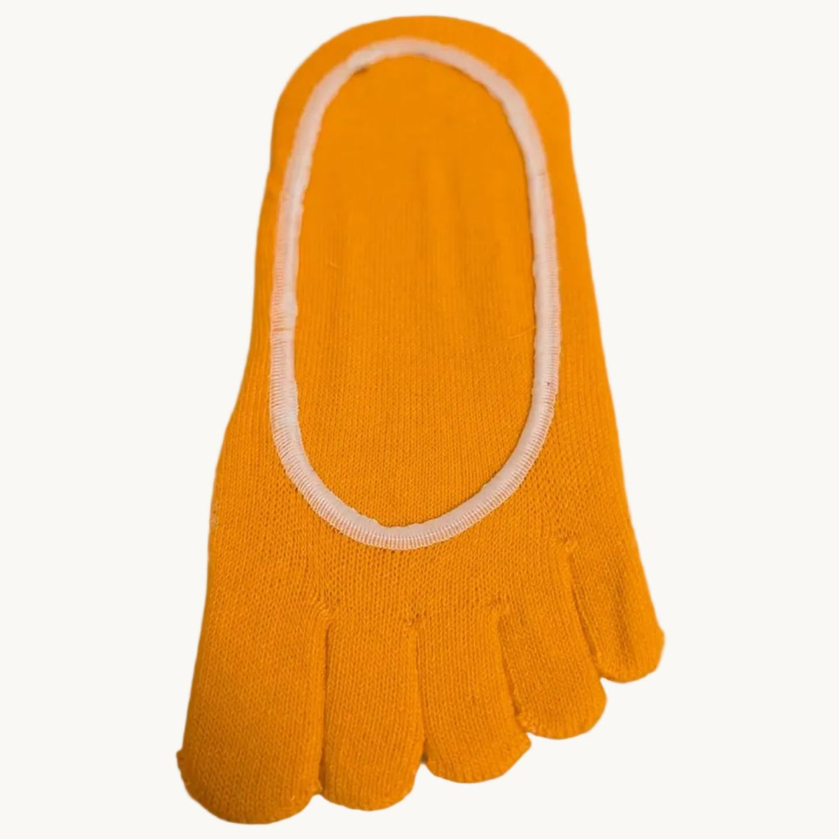 Orange five-finger no-show toe socks with elastic cuff and separate toe sections