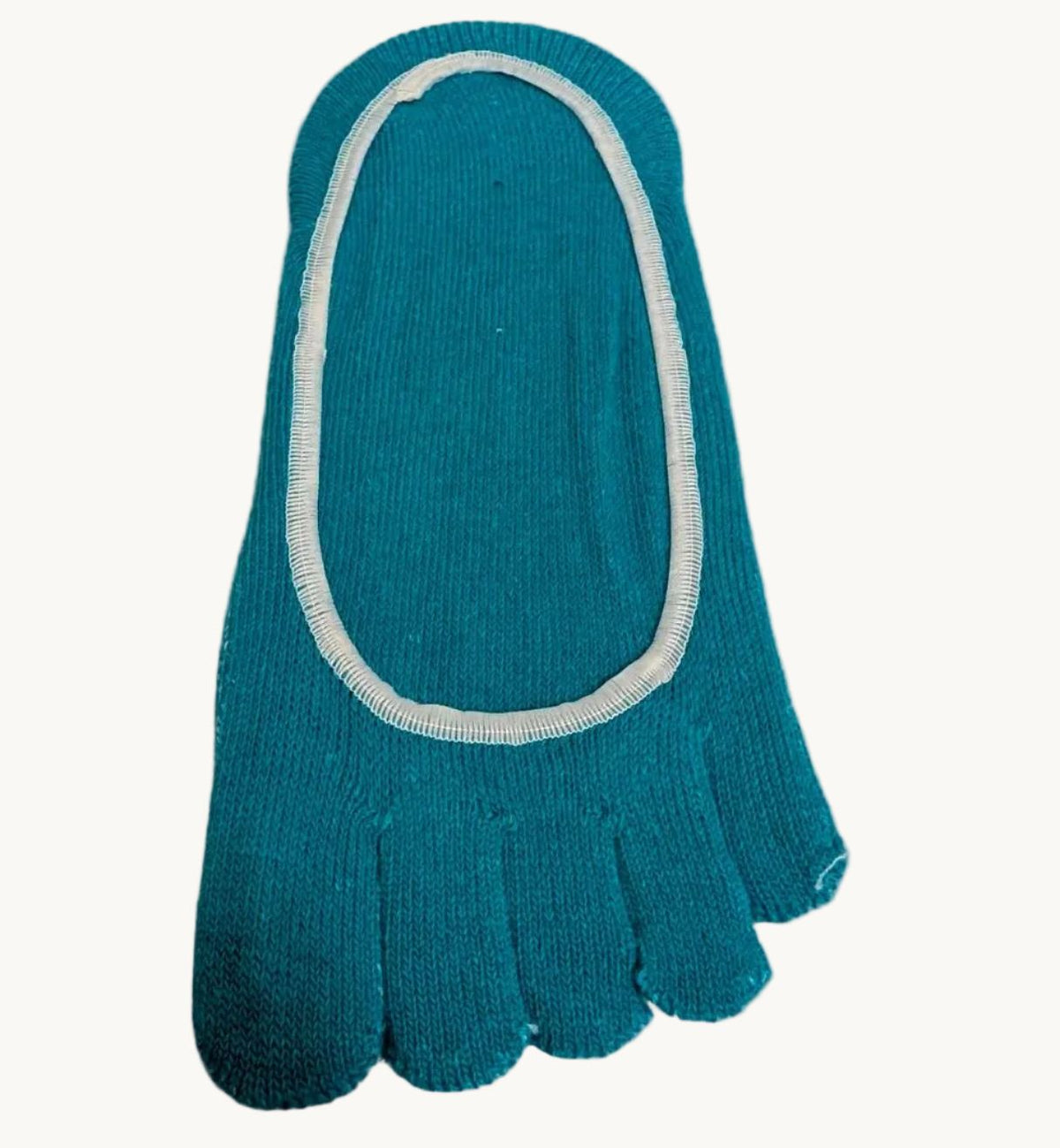 Teal five-finger no-show toe socks with elastic cuff and separate toe sections