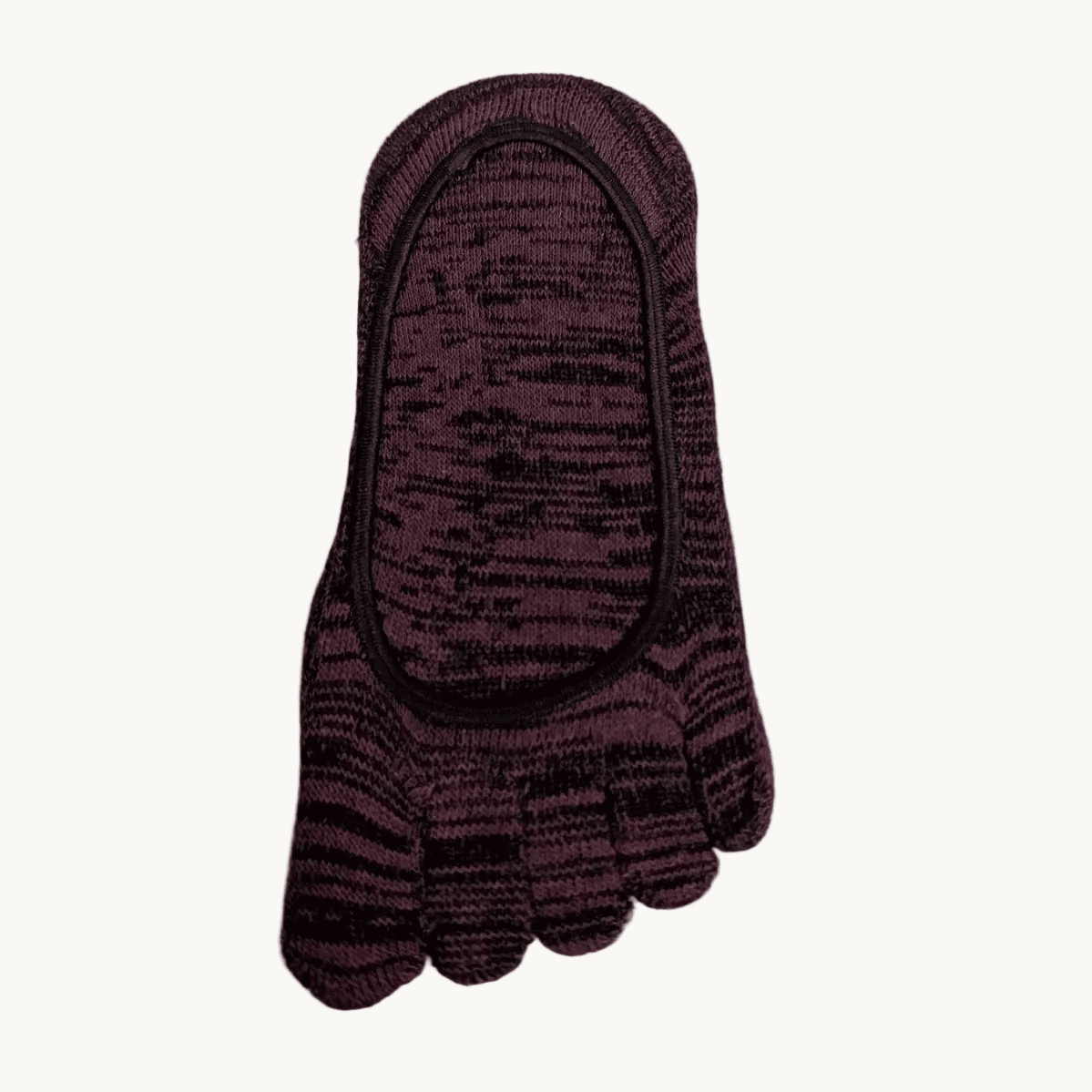 A single purple and black five-toe sock with a black trim, laid flat on a light beige textured surface.