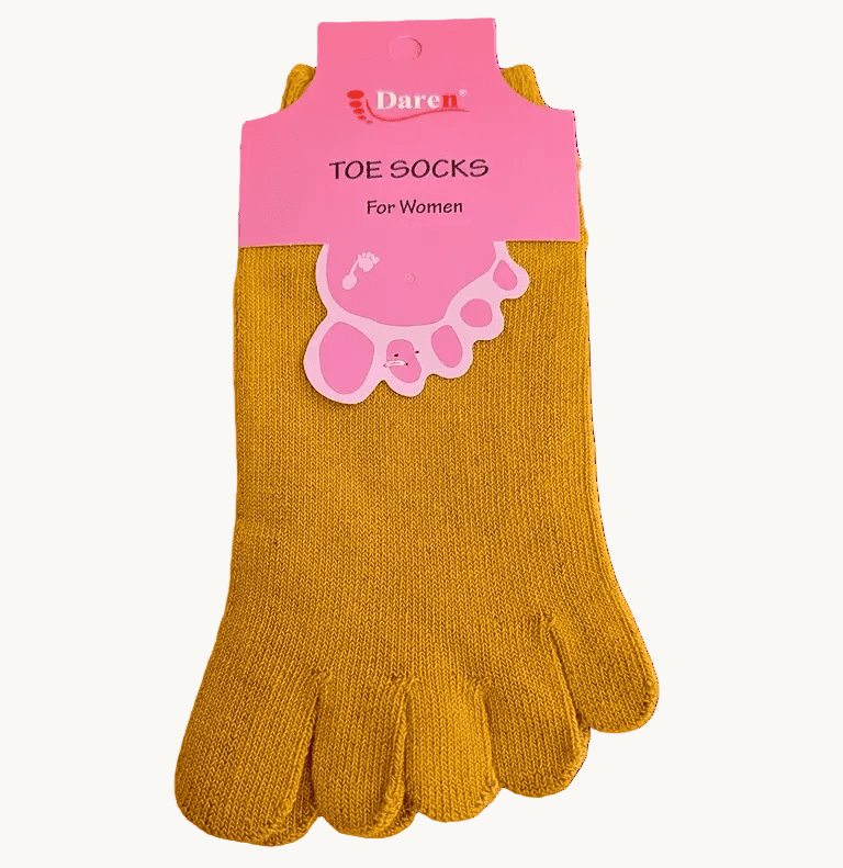 Women’s 5-finger toe socks in mustard yellow, extra-low invisible liner style