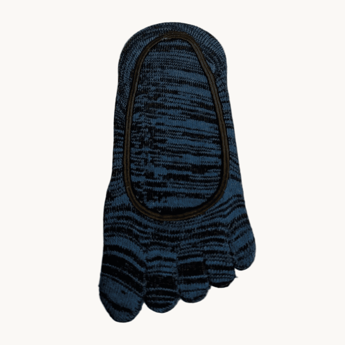 A single blue and black striped toe sock laid flat on a light beige textured surface.