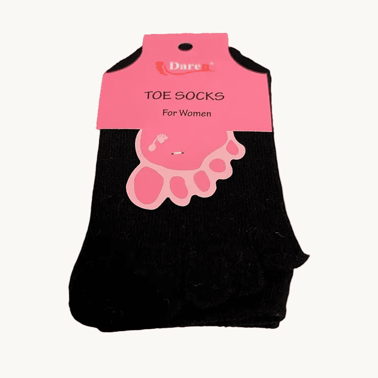 Black cotton 5-finger toe socks, mid-calf crew with split toe fingers