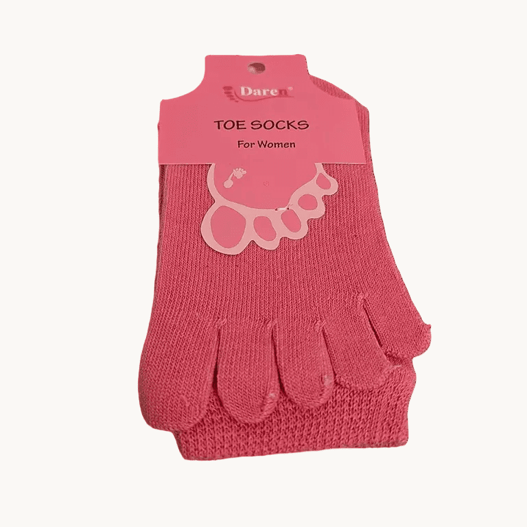 Pink cotton 5-finger toe socks, mid-calf crew with split toe fingers