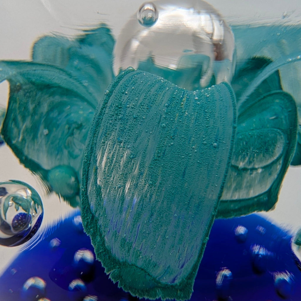 Close-up teal flower art glass paperweight with clear center and cobalt blue base