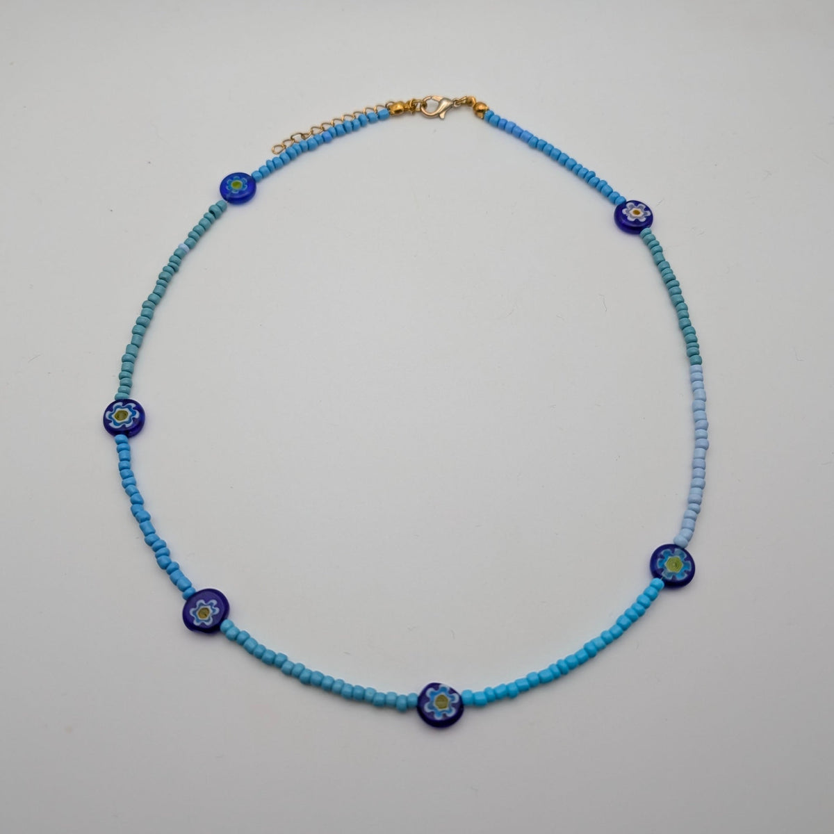 Handmade Blue Millefiori Flower Bead Choker Necklace