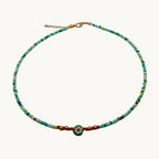Handmade multicolour glass seed bead choker with green millefiori flower bead