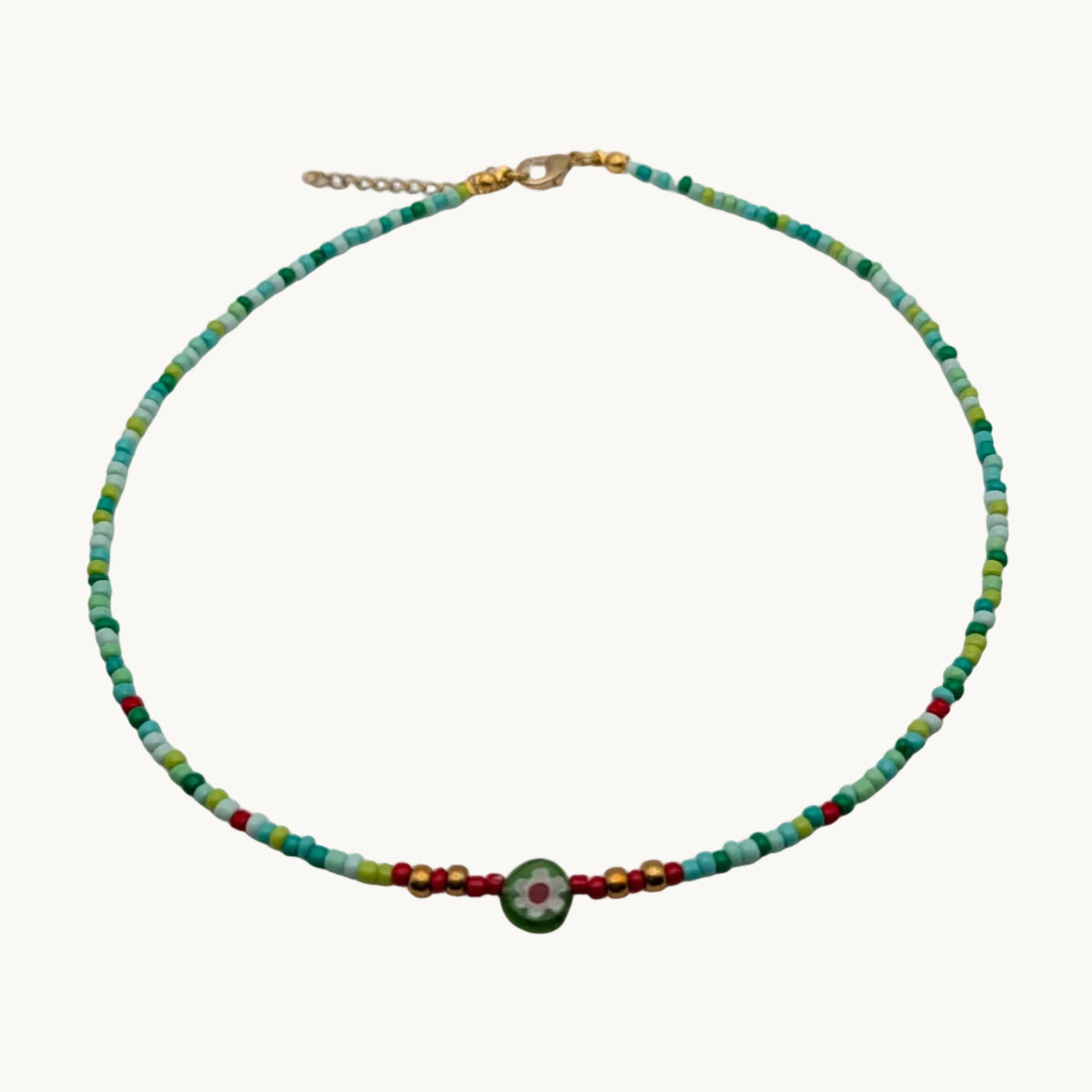 Handmade multicolour glass seed bead choker with green millefiori flower bead