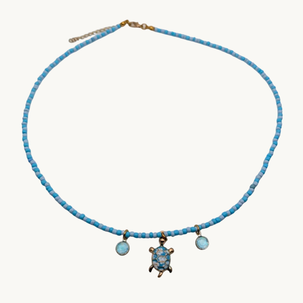 Handmade Blue Turtle Charm Choker Necklace with Glass Drops