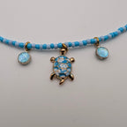 Handmade Blue Turtle Charm Choker Necklace with Glass Drops
