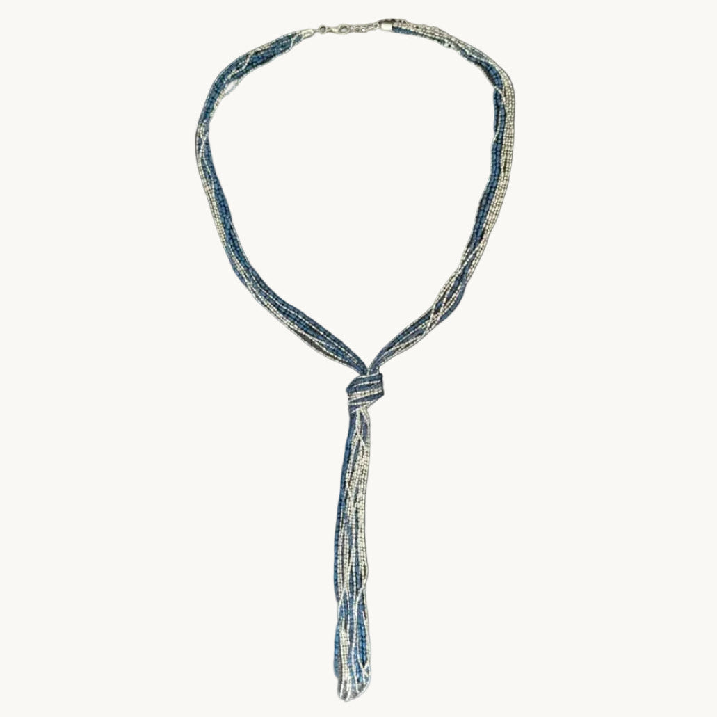 Navy Blue & Silver Multi-Strand Knotted Tassel Necklace