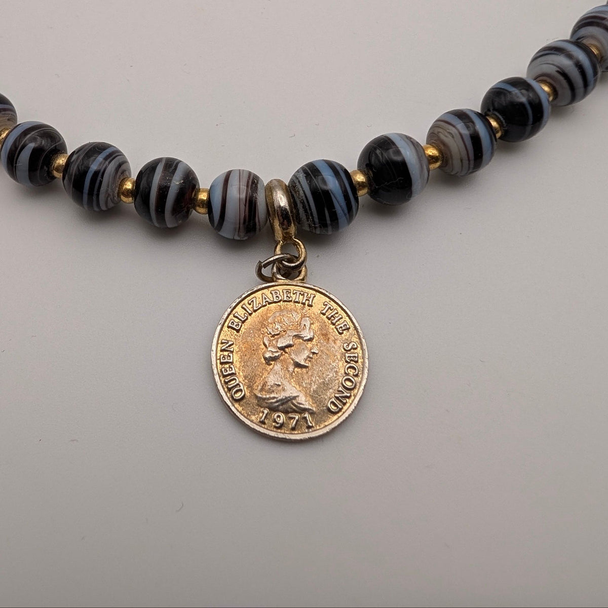 Handmade Black & Grey Queen Elizabeth II Coin-Style Pendant Choker Necklace