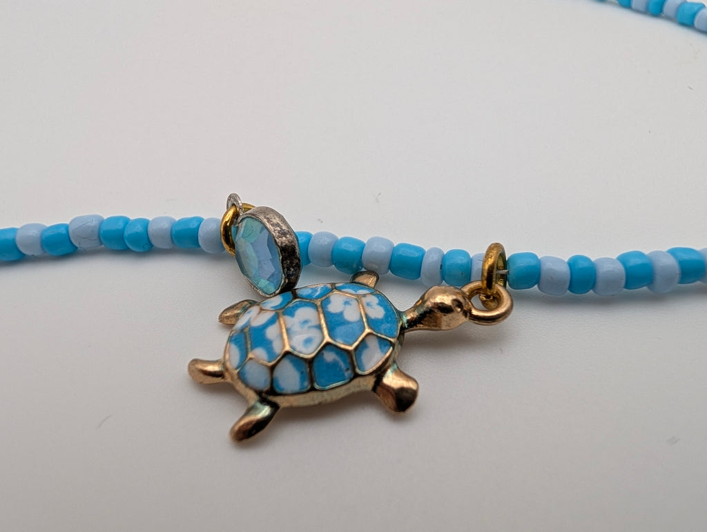 Handmade Blue Turtle Charm Choker Necklace with Glass Drops