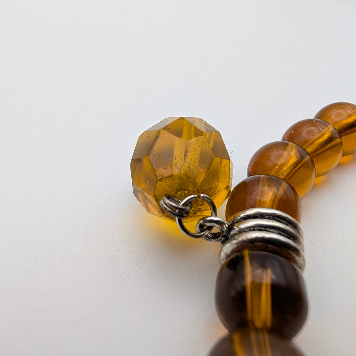 Amber-Brown Beaded Stretch Bracelet with Faceted Drop Charm