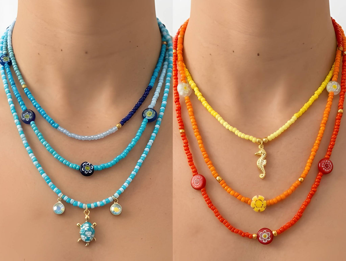 3-piece glass beaded necklace set with sea turtle and seahorse charms, multicolor beads