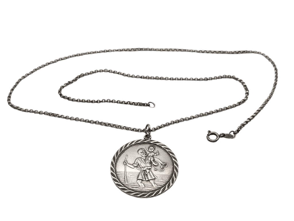 Silver St Christopher pendant necklace with fine box chain and round medal