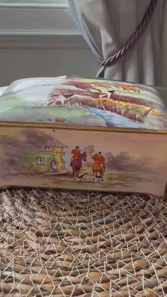 1930s Crown Devon Fox Hunt Earthenware Musical Jewellery Box, Signed