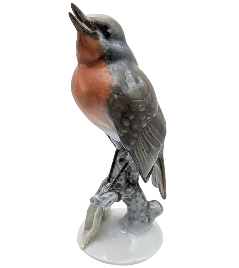 Hand-painted porcelain robin bird figurine, upright stance with orange chest and gray wings